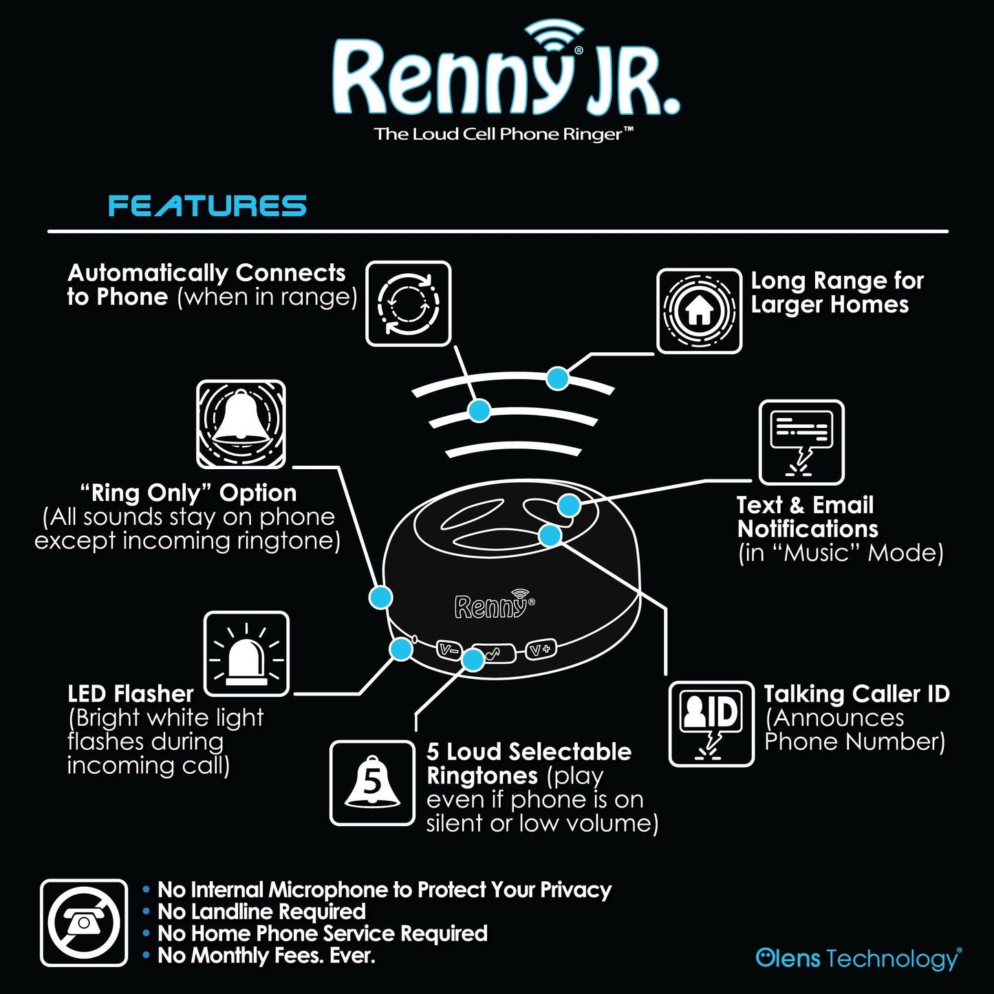 Renny - The Loud Cell Phone Ringer, Amplifier & Flasher for The Hearing Impaired (117dB) | Auto-Connects Wirelessly via Bluetooth | External Ringtones | Text/Email Notifications | Talking Caller ID