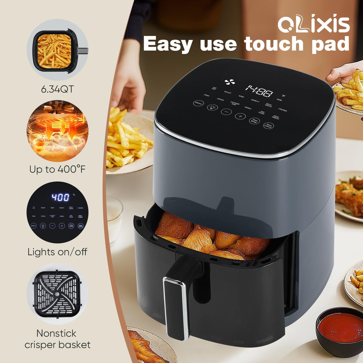 OLIXIS Air Fryer 6 Quart with Window Square Air Fryer 12-in-1 Air Fry, Roast, Reheat, Dehydrate, Bake, Steam, Fries, Custard, Chicken, Wings, Sea Food, Vegetabels,400F