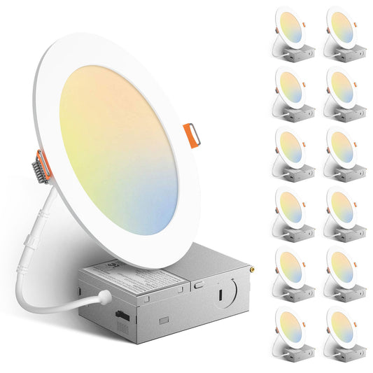 Amico 12 Pack 6 Inch 3CCT Ultra-Thin LED Recessed Downlight with Junction Box, 3000K/4000K/5000K Selectable, 12W Eqv 100W, Dimmable LED Can Lights, 1000LM High Brightness