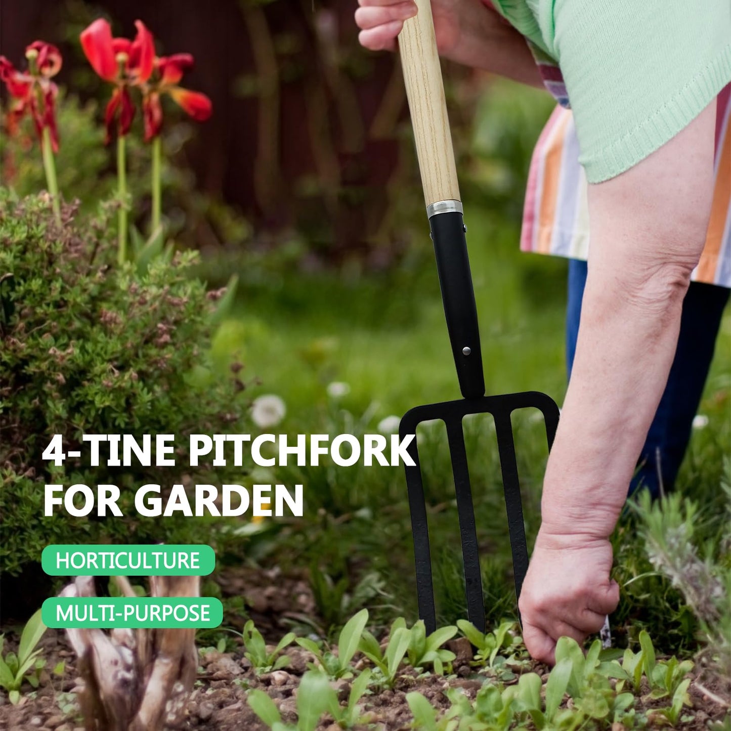 HORIJUNKE Garden Fork,4-Tine Pitchfork,Spading Digging Fork,Forged Steel Y-Grip, Wood Handel,45Inch
