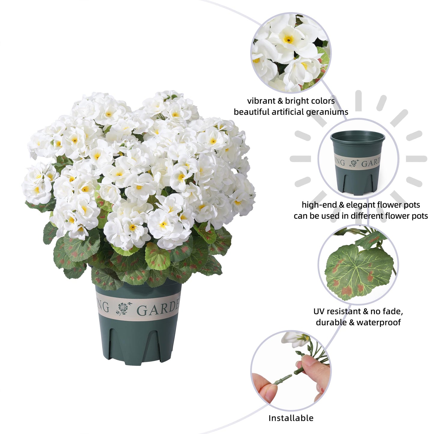 Geraniums Artificial Flowers for Outdoors, 2 Pack Potted Plants White Faux Geraniums Bush Artificial Topiaries Realistic UV Resistant Fake Flowers Plants for Planters Outside Gardens Front Door Indoor