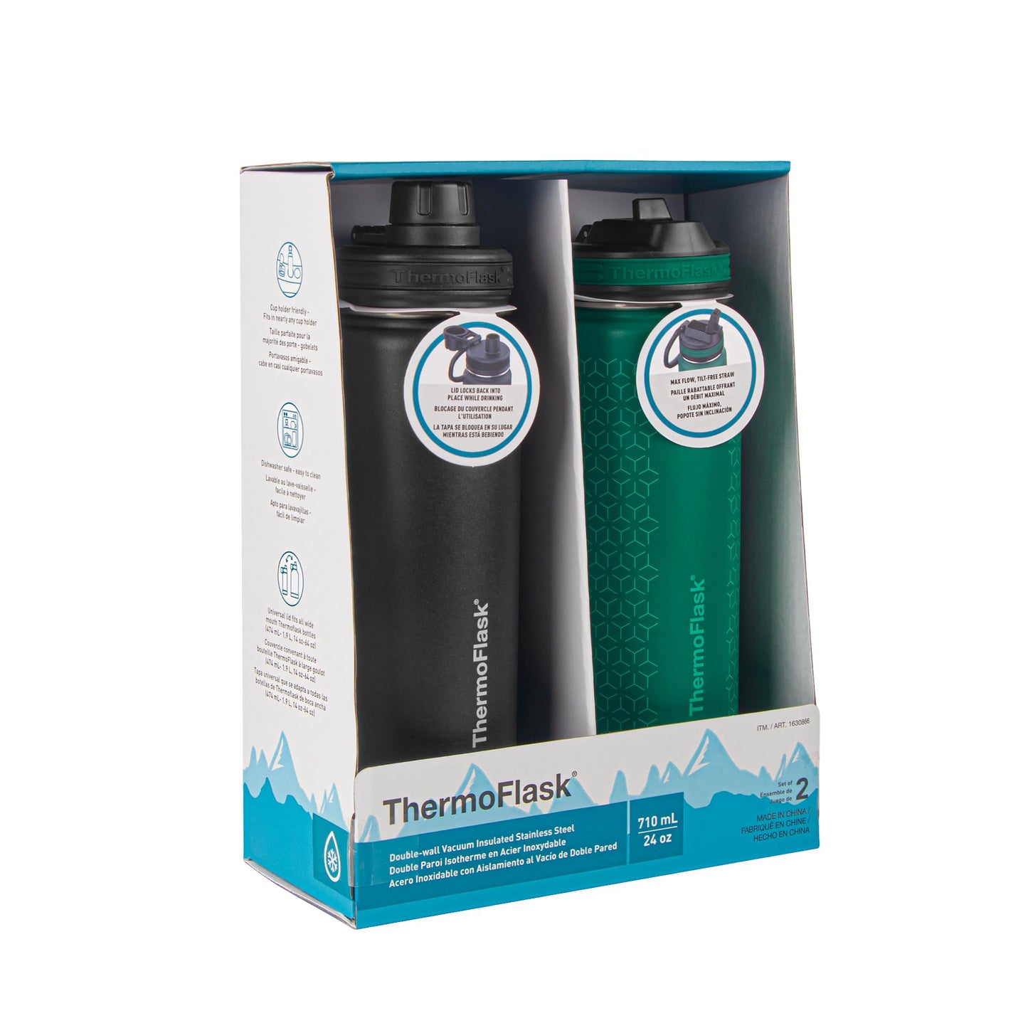 ThermoFlask Stainless Steel Water Bottles 2-Pack - Double-Wall Vacuum Insulated 24 oz BPA-Free Spout Lids - Keeps Drinks Cold 24 Hrs, Hot 12 Hrs - Leakproof, Dishwasher Safe, Black/Malachite