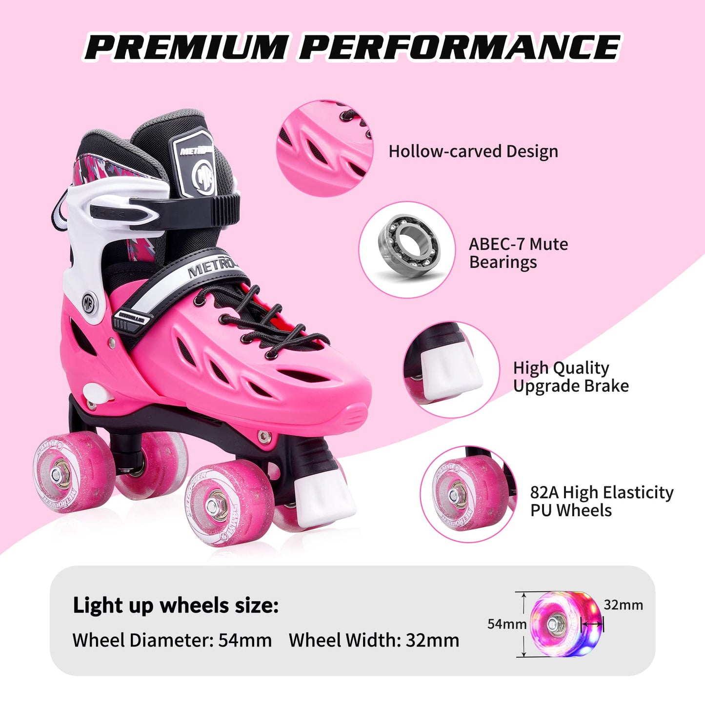 METROLLER Roller Skates for Girls and Boys Teens, Adjustable 4 Sizes for Kids Toddler Rollerskates with Light up Wheels, for Youth Women and Men