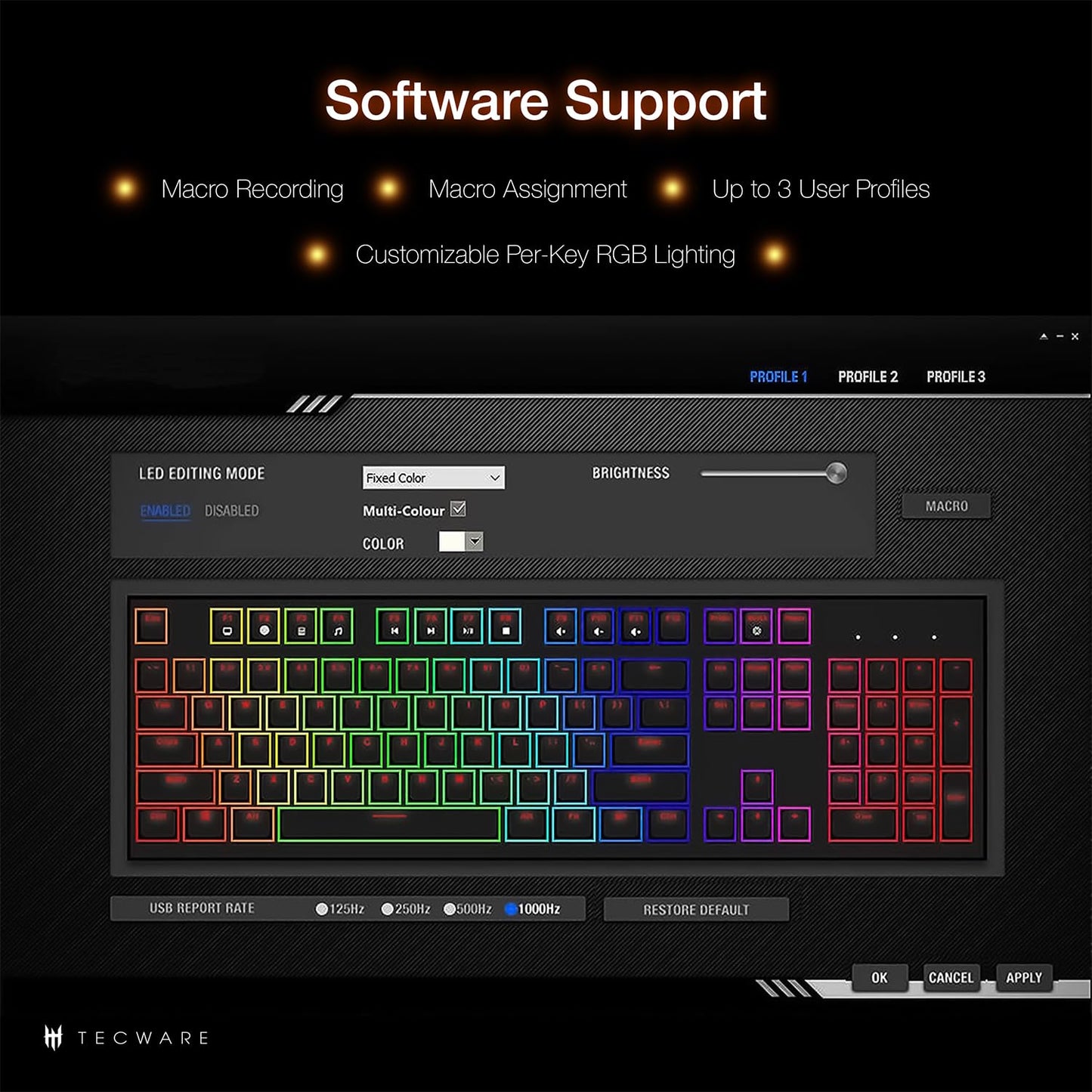 TECWARE Phantom+ 87 Key Mechanical Gaming Keyboard, RGB led, TKL 75% Keyboard, Thocky Sounding, Wraith Brown Switch