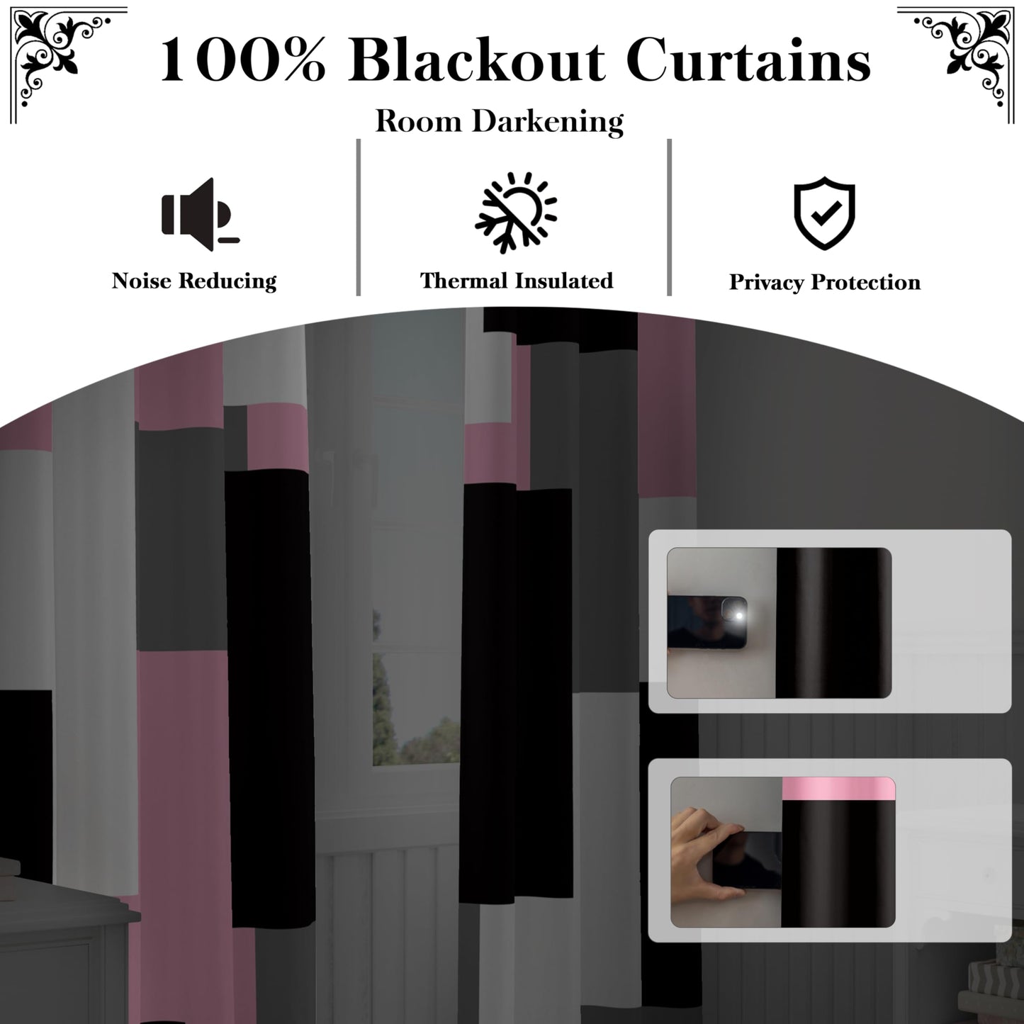 Tyrot Pink 100% Blackout Curtains for Bedroom 84 inch Length 2 Panels Set White Grey Modern Abstract Geometric Black Out Curtains Insulated Room Darkening Window Drapes for Girls Living Room, 52Wx84L