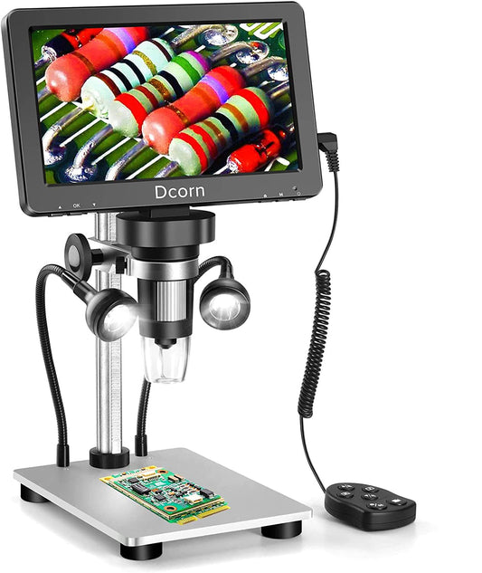 7'' Digital Microscope 1200X,Dcorn 12MP 1080P Photo/Video Microscope for Adults Soldering Coins,Metal Stand,Wired Remote,10 LED Fill Lights,PC View,Windows/Mac Compatible