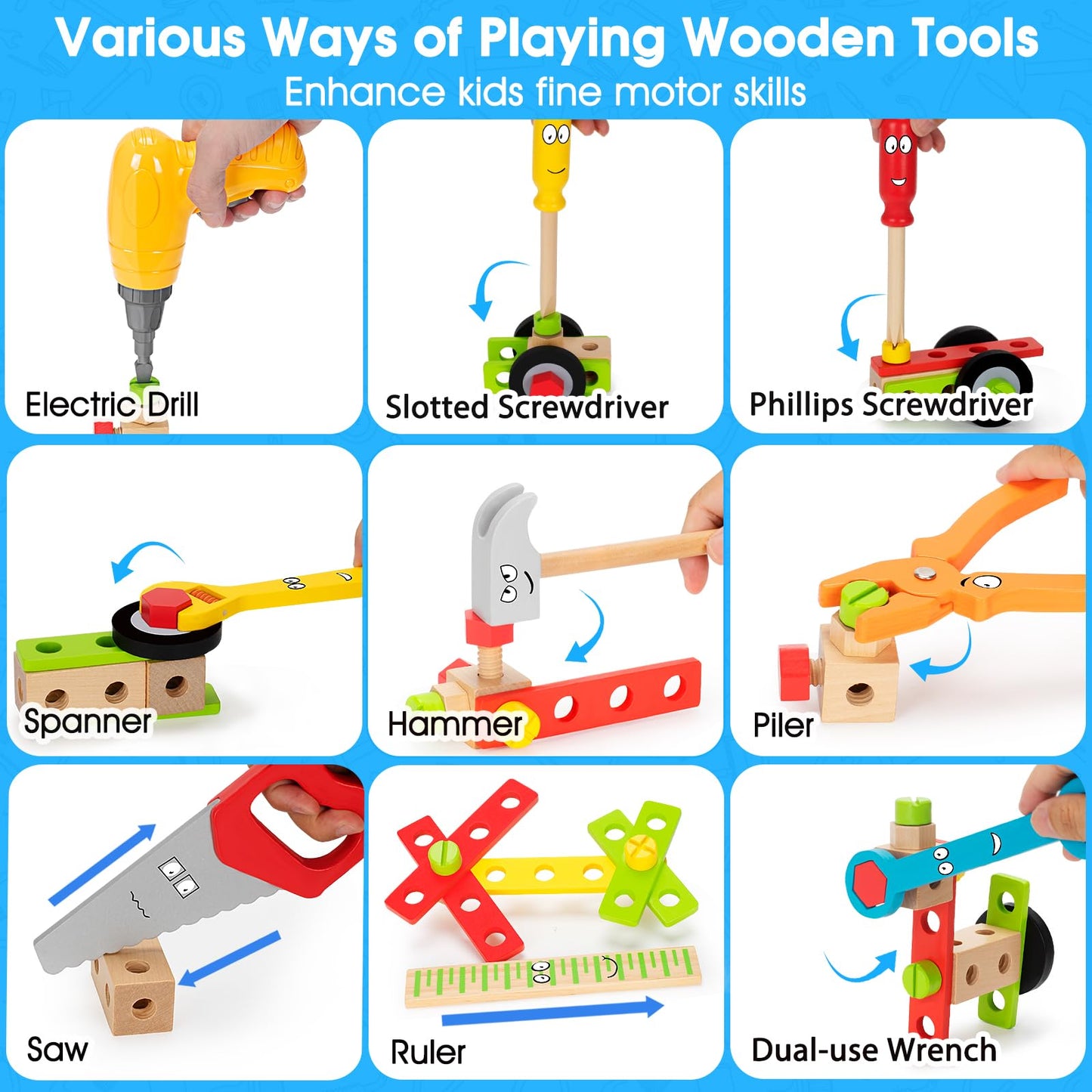 Kids Tool Set with Drill, Montessori Toys for 3 4 5 Year Old Kids, 44 Wooden Tool Kits for Toddlers, Box Included, Educational Building Toy