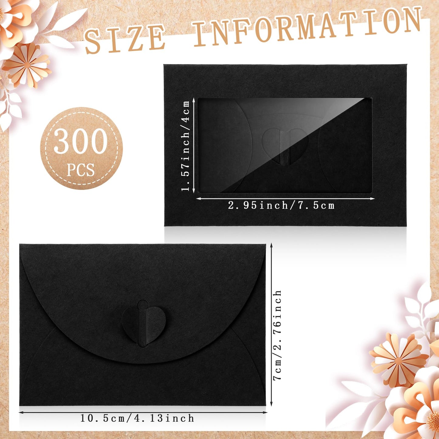 Uiifan 300 Pcs Window Gift Card Envelopes 4 x 2.8 Inch Gift Card Sleeves Mini Envelopes with Heart Shaped Clasp for Business Party Invitation (Black)