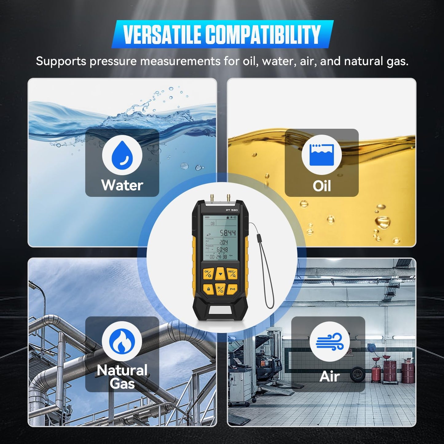 LINXINO PT530 Digital Manometer,Air and Gas Pressure Tester,Dual Differential Digital Manometer,-100 to 300 Kpa Measurement Range,10 Pressure Units,Data Locking,Storage and Flashlight