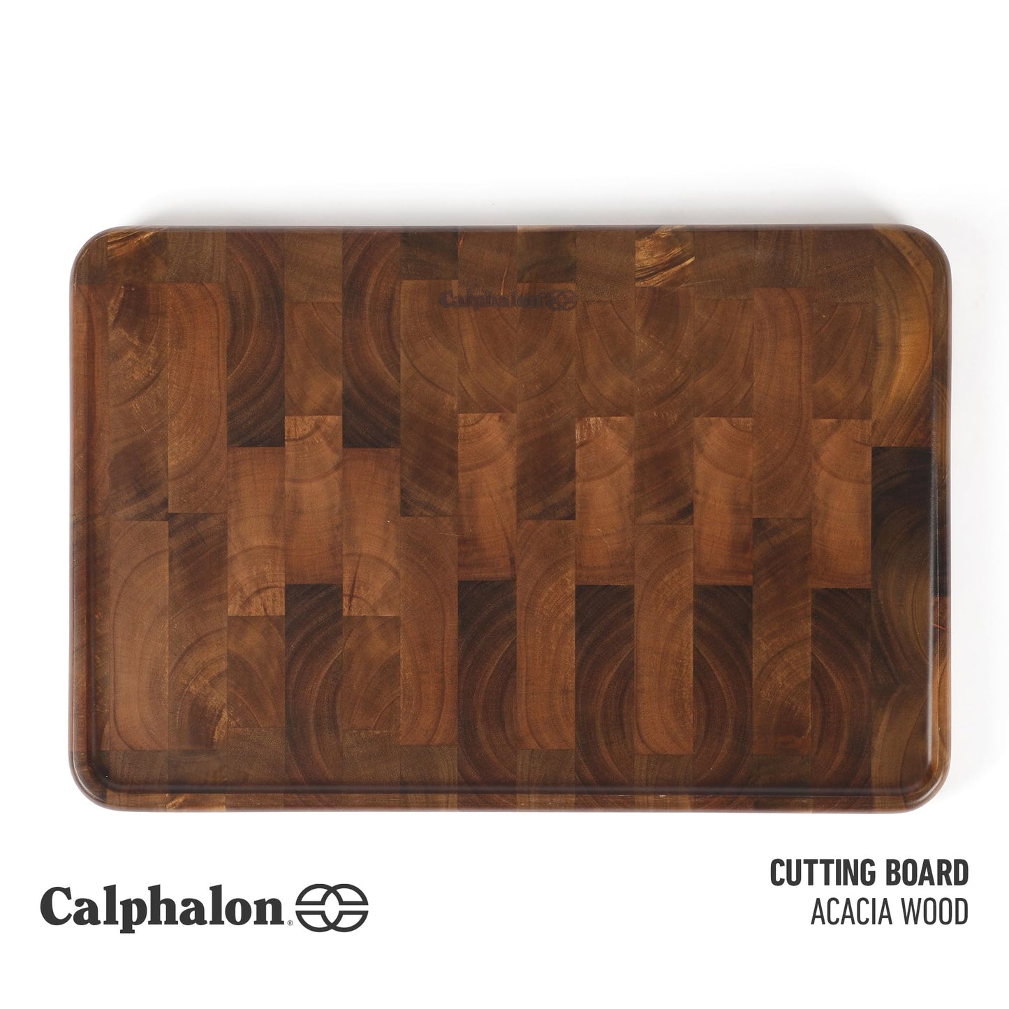 Calphalon Edge Guard Cutting Board, 13.6 x 9.5-Inch End-Grain Acacia Wood Cutting Board, Wooden Chopping Block for Stable Cutting & Food Prep