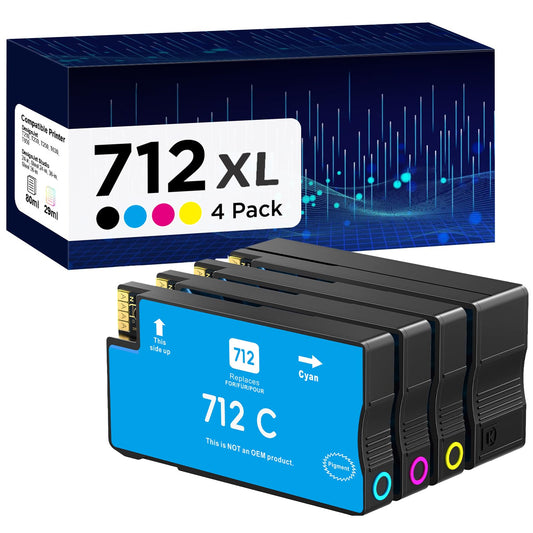 712 712XL Ink Cartridges Remanufactured High Yield Replacement for HP 712 712XL 712 XL for DesignJet T650 T630 T230 T210 Studio Plotter Printer (4 Pack, Black, Cyan, Yellow, Magenta)