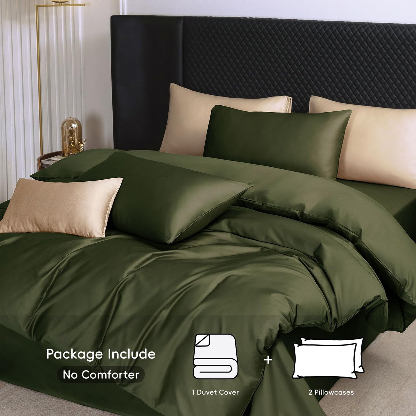 MooMee Duvet Cover Set 100% Extra Long Staple Cotton 600 Thread Count Silky Sateen Smooth Luxury Soft Breathable Durable Hotel Quality Bedding, 3 Pieces (Olive Green, Queen 90"x90")