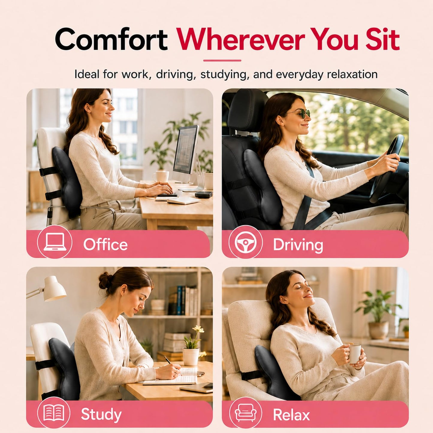 FoKon Memory Foam Lumbar Support Pillow,Back Support for Office Chair,Back Pillow for Chair,Ergonomic Lower Back Cushion for Desk Chair,Computer Chair,Gaming Chair and Car Seat,Washable Cover（Black）
