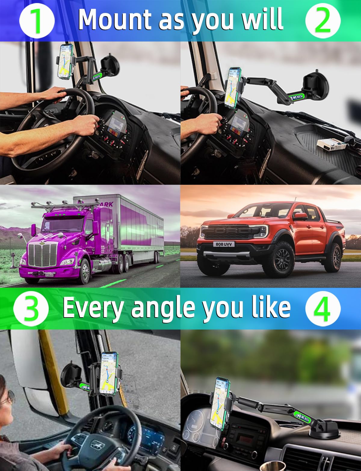 WCKESI Truck Phone Holder Mount Wireless Charger Heavy Duty for Car 15W Smart Fast Charging 14 inch Long Arm Pickup Truck Windshield and Dashboard,Truck Accessories,for iPhone Samsung LG