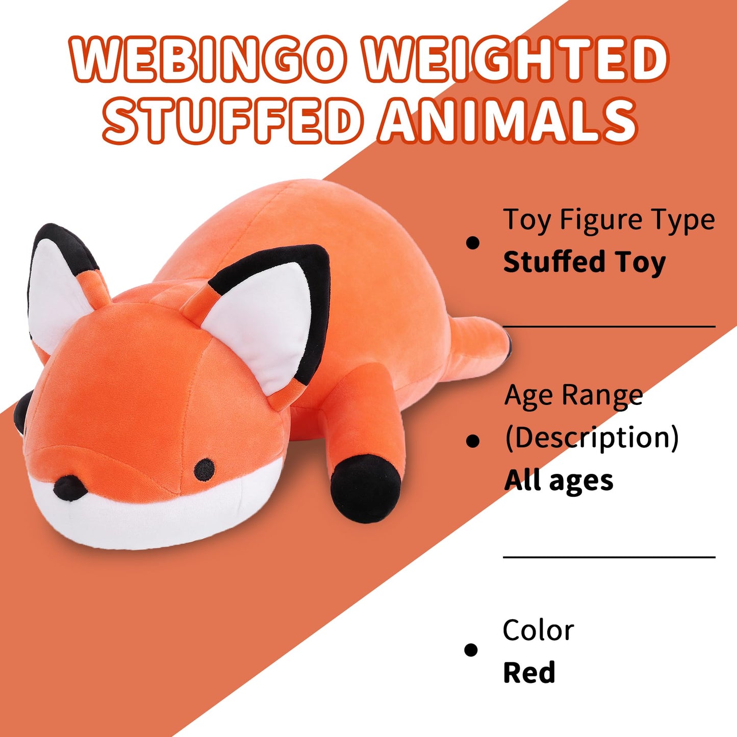 WeBingo Weighted Stuffed Animals, 24" Weighted Fox Plush Toy 4.2 Lb Soft Pillow Cute Giant Plushie Gifts for Kids & Adults(Fox)