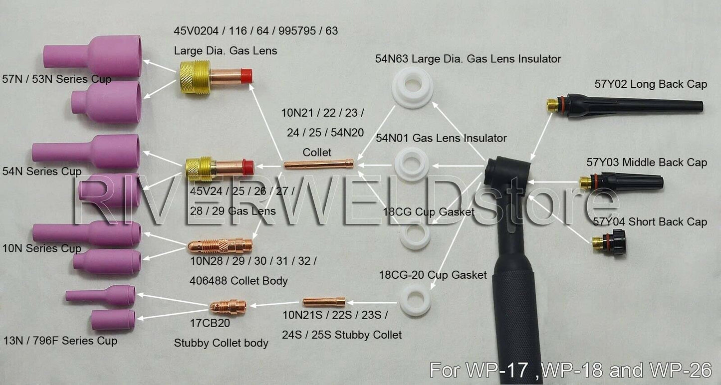 RIVERWELD TIG Jumbo Gas Lens Collet Body Alumina Nozzle Ceramic Cups Assorted Size Kit Fit QQ300 PTA DB SR WP 17 18 26 TIG Welding Torch 67pcs