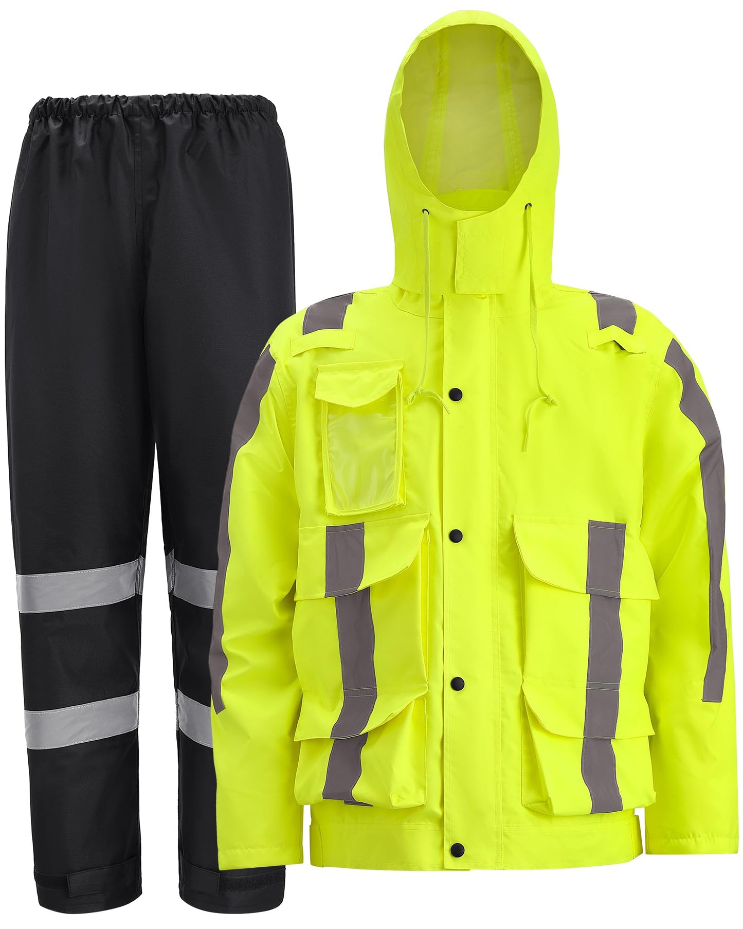 Oumurs 300D Reflective Hi Vis Rain Jacket Safety Rain Suits for Men Women Class 3 High Visibility Waterproof Rain Jacket & Pants with Inner Mesh Lining,Rain Gear Work Construction Safety Hoodie
