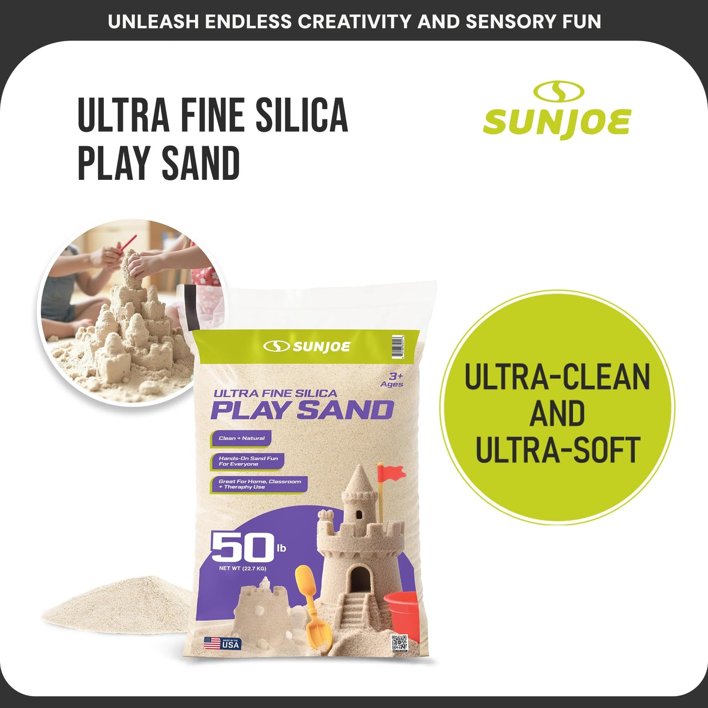 Sun Joe 2 Pack Silica Play Sand for Sandbox, Sensory Table & Garden Spaces, Ultra Fine, 50 Lbs - Natural Craft Accessory for Molding, Digging & Sculpting - Ideal for Indoor and Outdoor Use