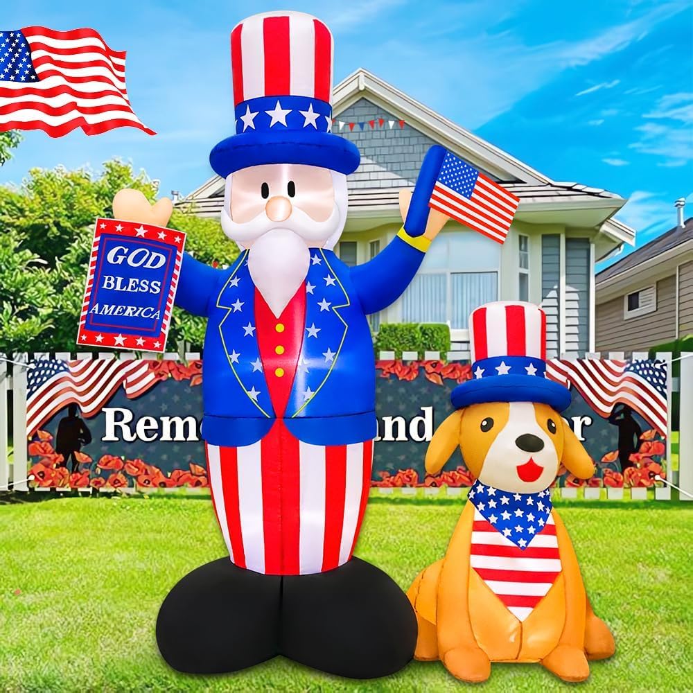 7FT Patriotic Independence Day 4th of July Inflatables Outdoor Decorations, Inflatable Uncle Sam with Dog, Built in LED Lights Blow up Fourth of July Decor for Holiday Party Garden Yard Lawn