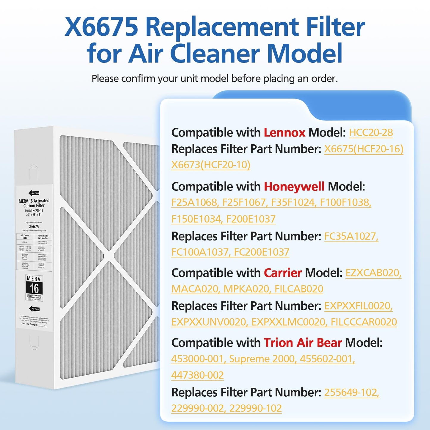 2 Pack 6675 20x25x5 MERV 16 Air Filter Compatible with Lennox X6675 and Lennox HCC20-28 Healthy Climate Carbon Clean MERV 16 Furnace Filter for HVAC System, Part Number HCF20-16, HCF20-10