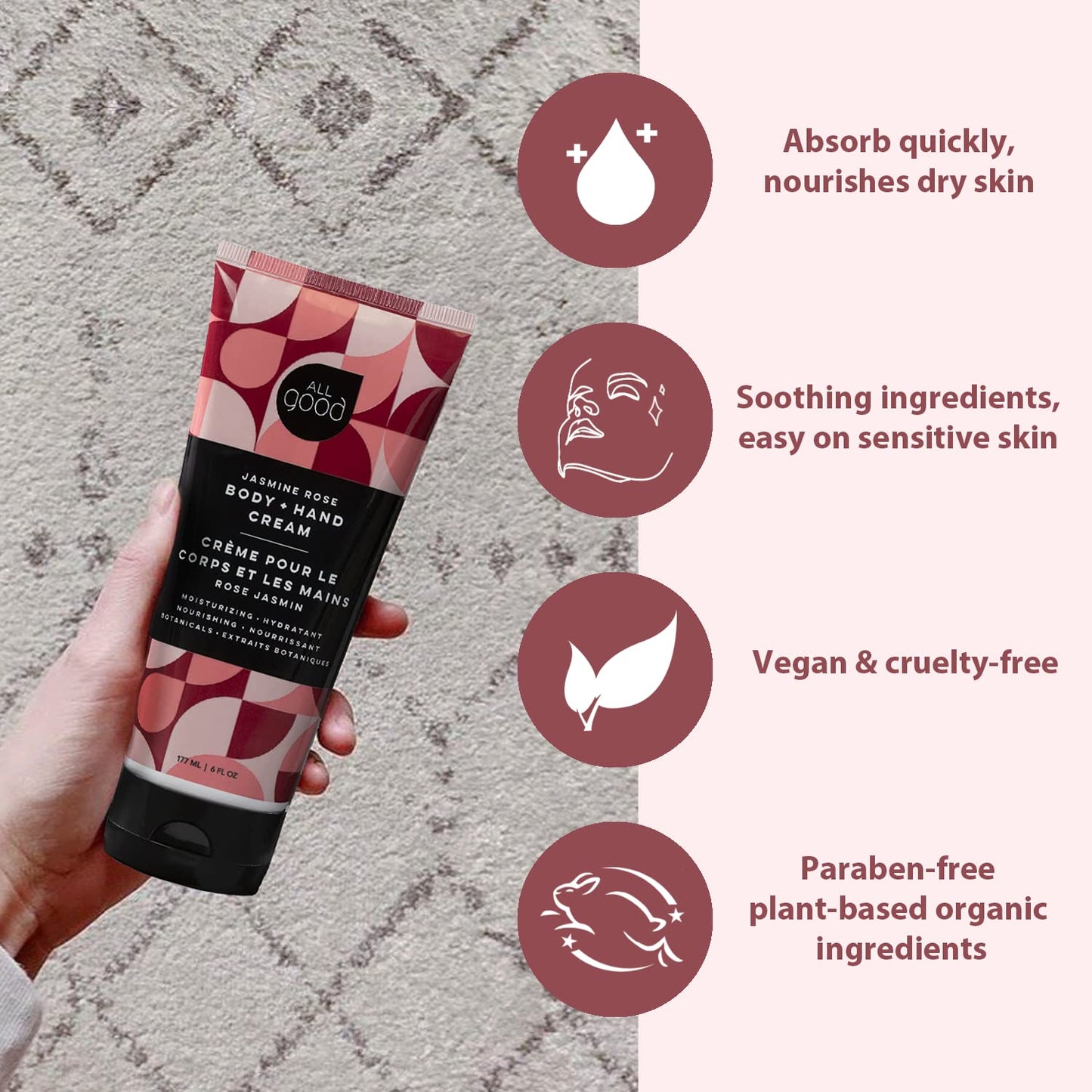 All Good Hand & Body Lotion - Moisturizing Organic Lotion for Dry Skin - Jasmine Oil, Cocoa Butter, Rosehip Oil, Arnica, Vitamin E - Non-Greasy Body Butter, 6 fl oz (3-pack, Jasmine Rose)