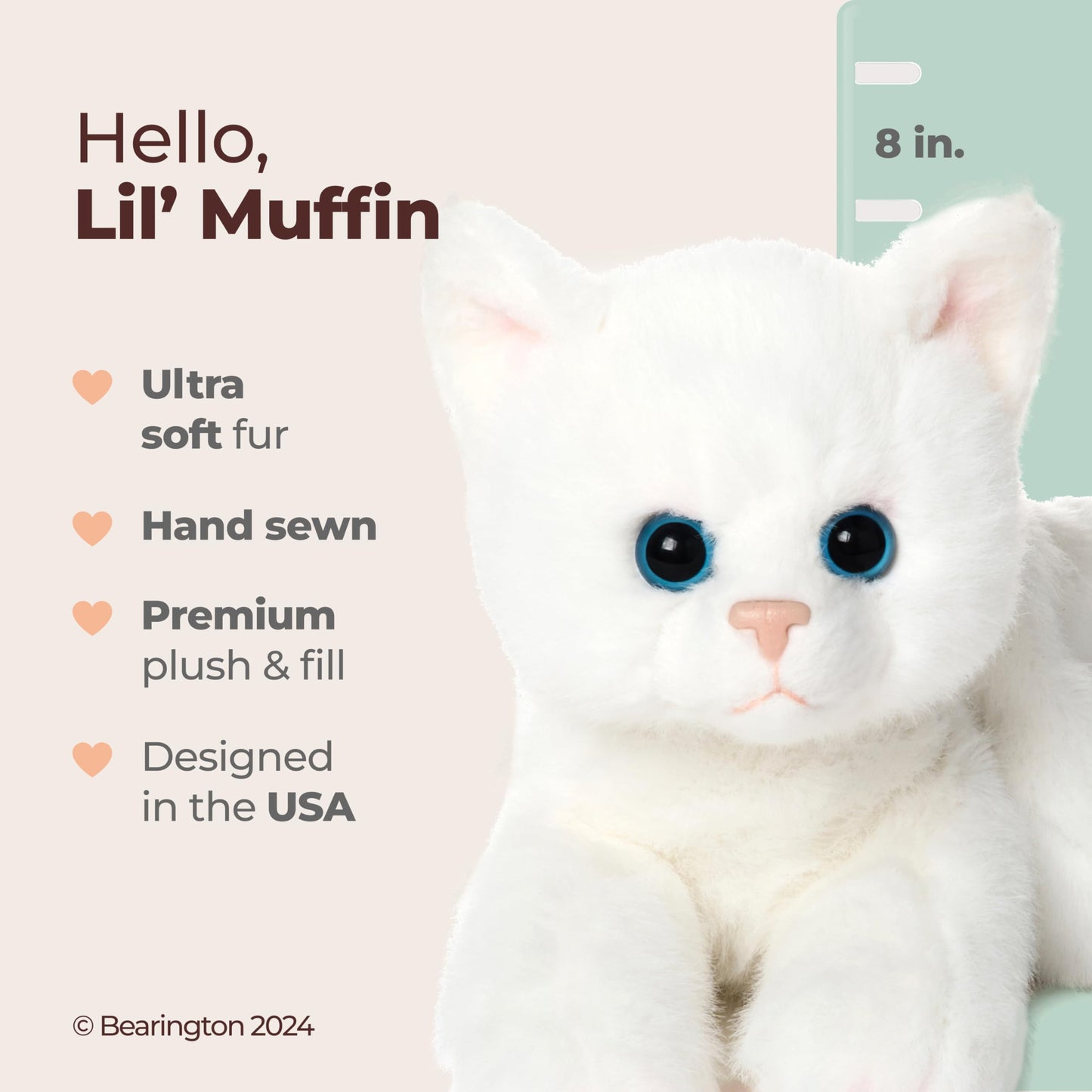 Bearington Lil' Muffin Small Plush Stuffed Animal White Cat, Kitten 8 inches