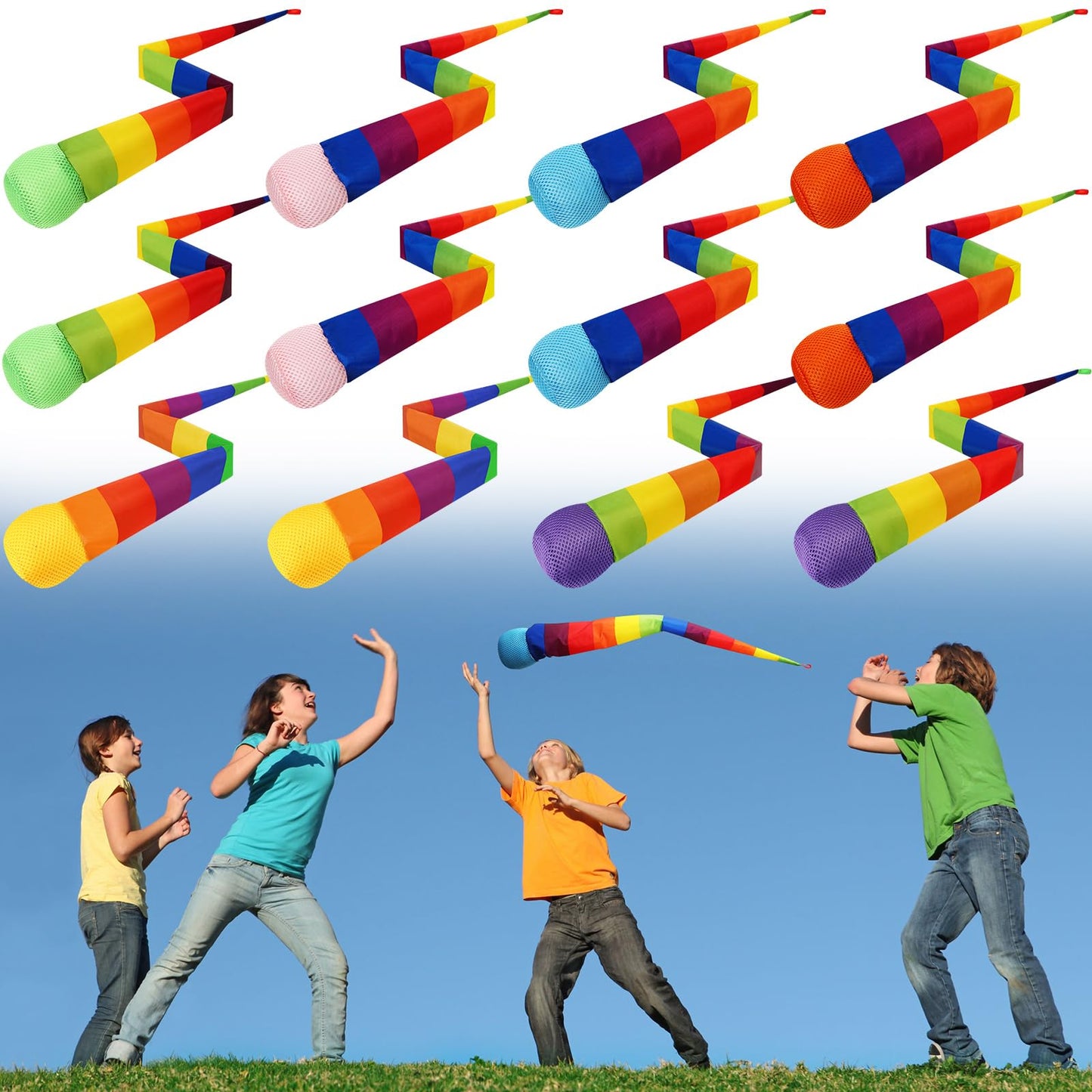 Leyndo 12 Pcs Throw and Catch Balls with Rainbow Tail, Soft Sports Play Comet Balls Playground Toys Bulk for Kids Adults Games and Activities Fun Throwing School, 25.59 Inch Long(Classic Color)