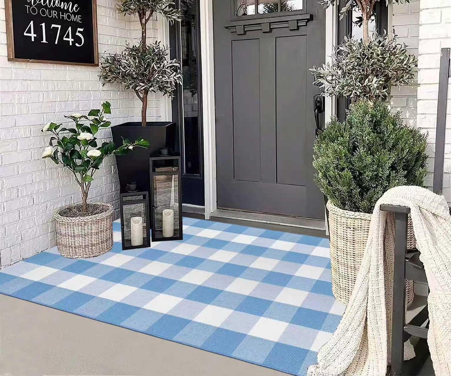 Buffalo Plaid Rug 3'x 5' Light Blue and White Checkered Porch Rug Cotton Woven Washable Layering Door Mat for Welcome Door Mat Porch Entryway Bedroom Living Room