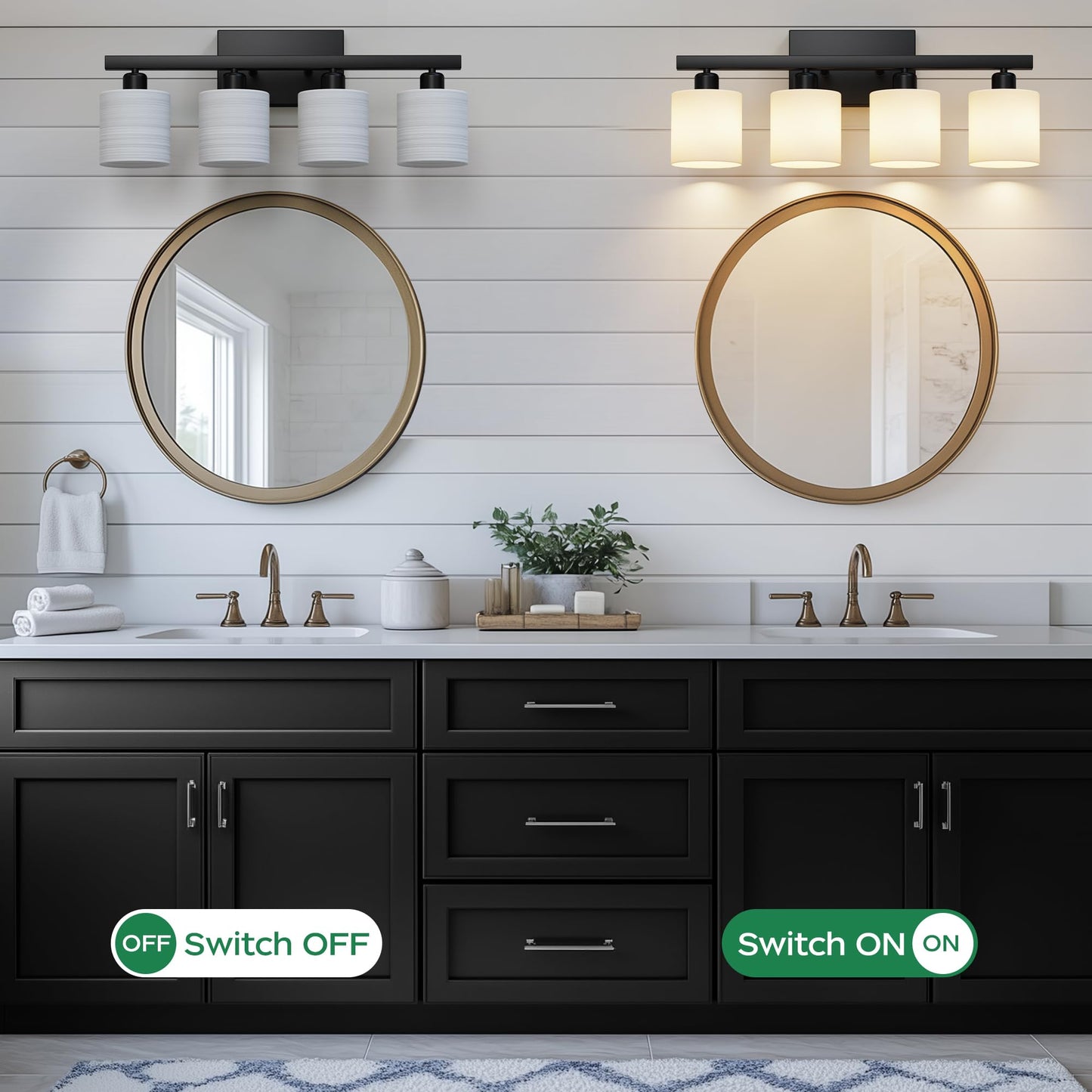 PARTPHONER Classic Vanity Lights, Modern Bathroom Vanity Light with Textured White Glass Shade, Matte Black, 4-Light