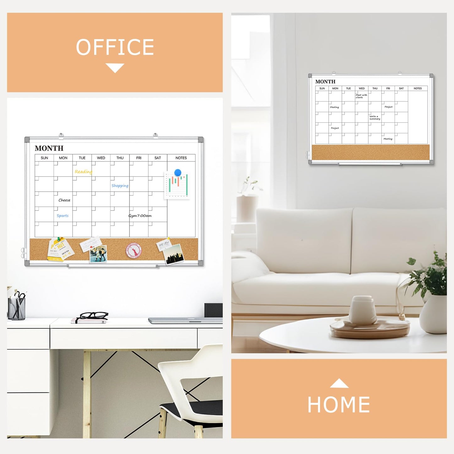 QUEENLINK Dry Erase Calendar Board for Wall, 24"x18" Magnetic Whiteboard Calendar Double-Sided Monthly White Board with Cork Board, Aluminum Frame Memo Message Board for Office, Home, School, Kitchen