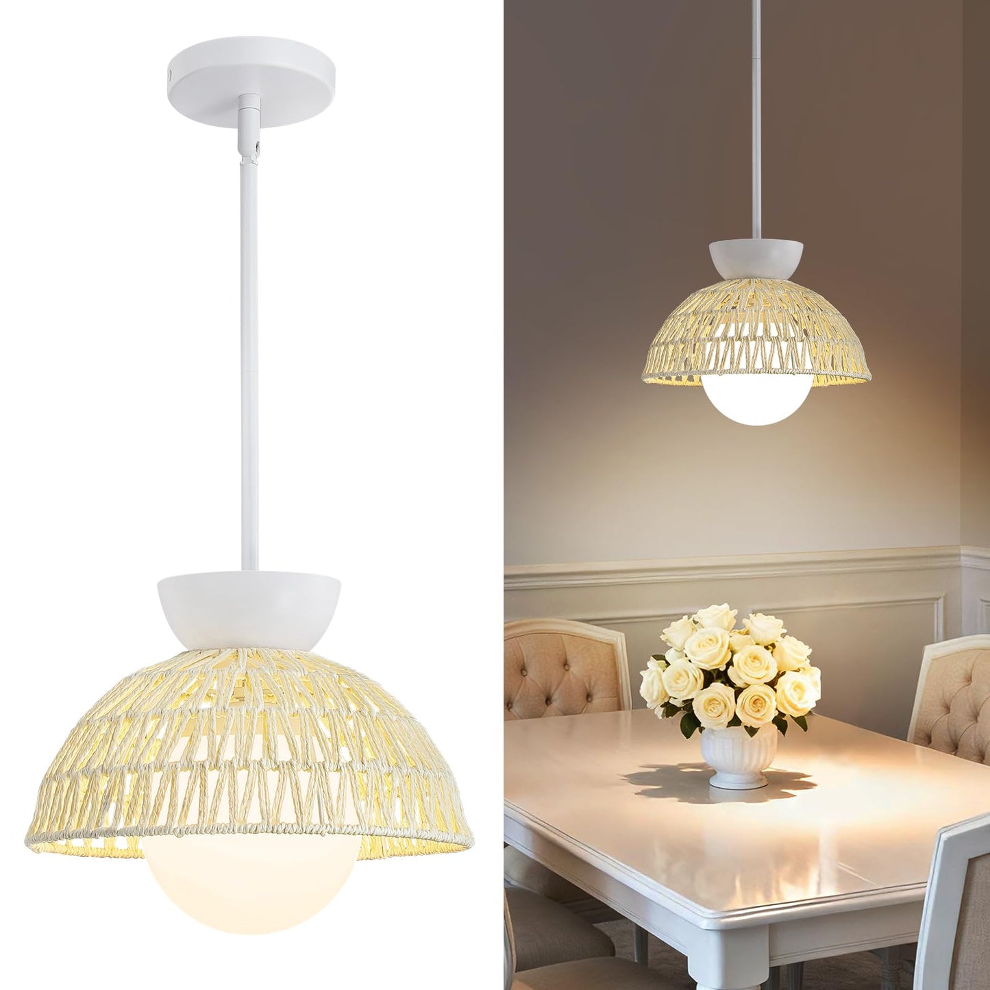 Pendant Light Kitchen Island - 11.8" Rattan Dining Room Light Fixtures over Table Hand-Woven Boho Pendant Light Fixtures with Milk Glass Globe, Adjustable Hanging Light for Bedroom Entryway Foyer