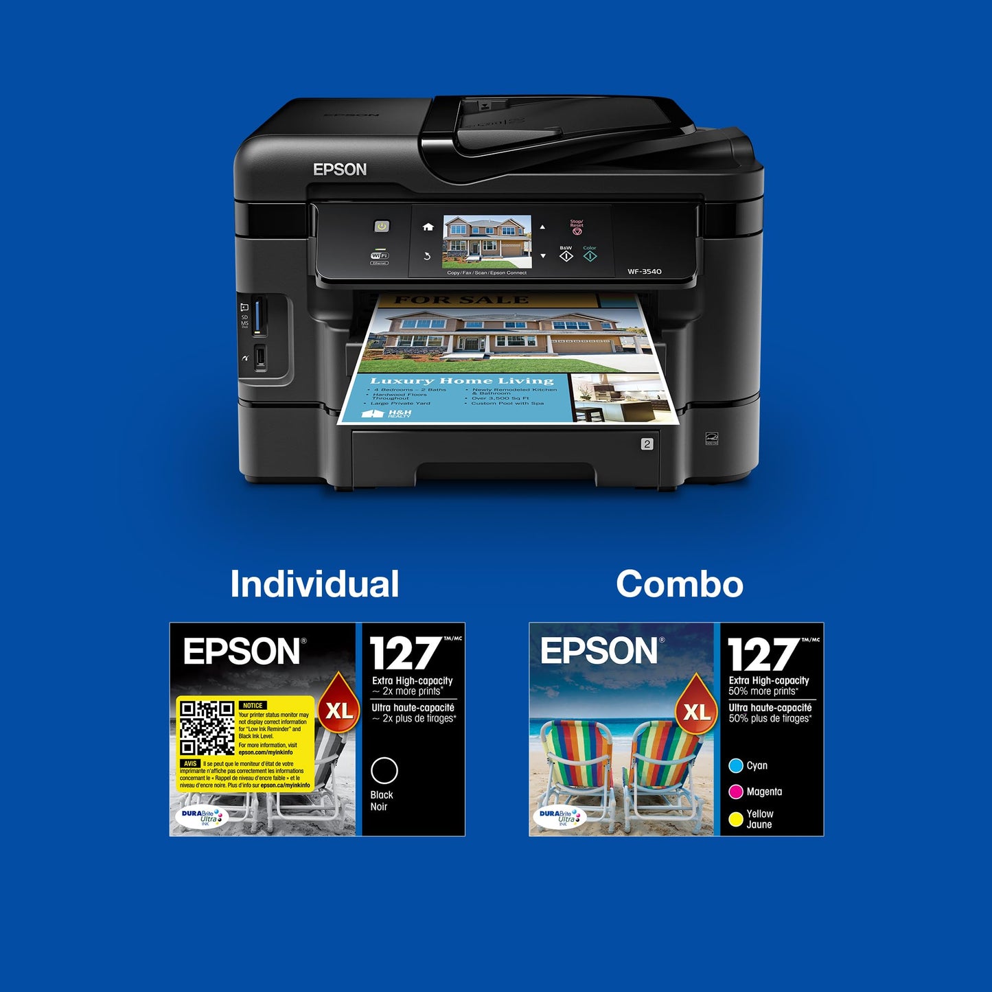 EPSON 127 DURABrite Ultra Ink Color Combo Pack For NX-530, 625, WF-3520, 3530, 3540, 545, 60, 630, 633, 635, 645, 7010, 7510, 7520, 840, 845