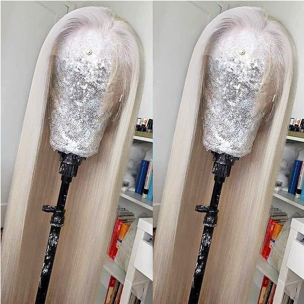 Missyvan White Hair Color Lace Front Wig Long Straight Hair Wigs Platinum Blonde Heat Resistant Fiber Hair Synthetic Lace Front Wigs for Fashion Women