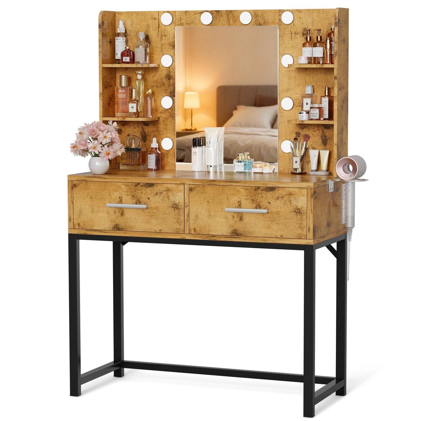 YESHOMY Vanity Desk with Mirror, Makeup Table with 2 Large Drawers, Power Outlet and Round Holder, 3 Color Modes Adjustable Bulb, Rustic Brown & Black