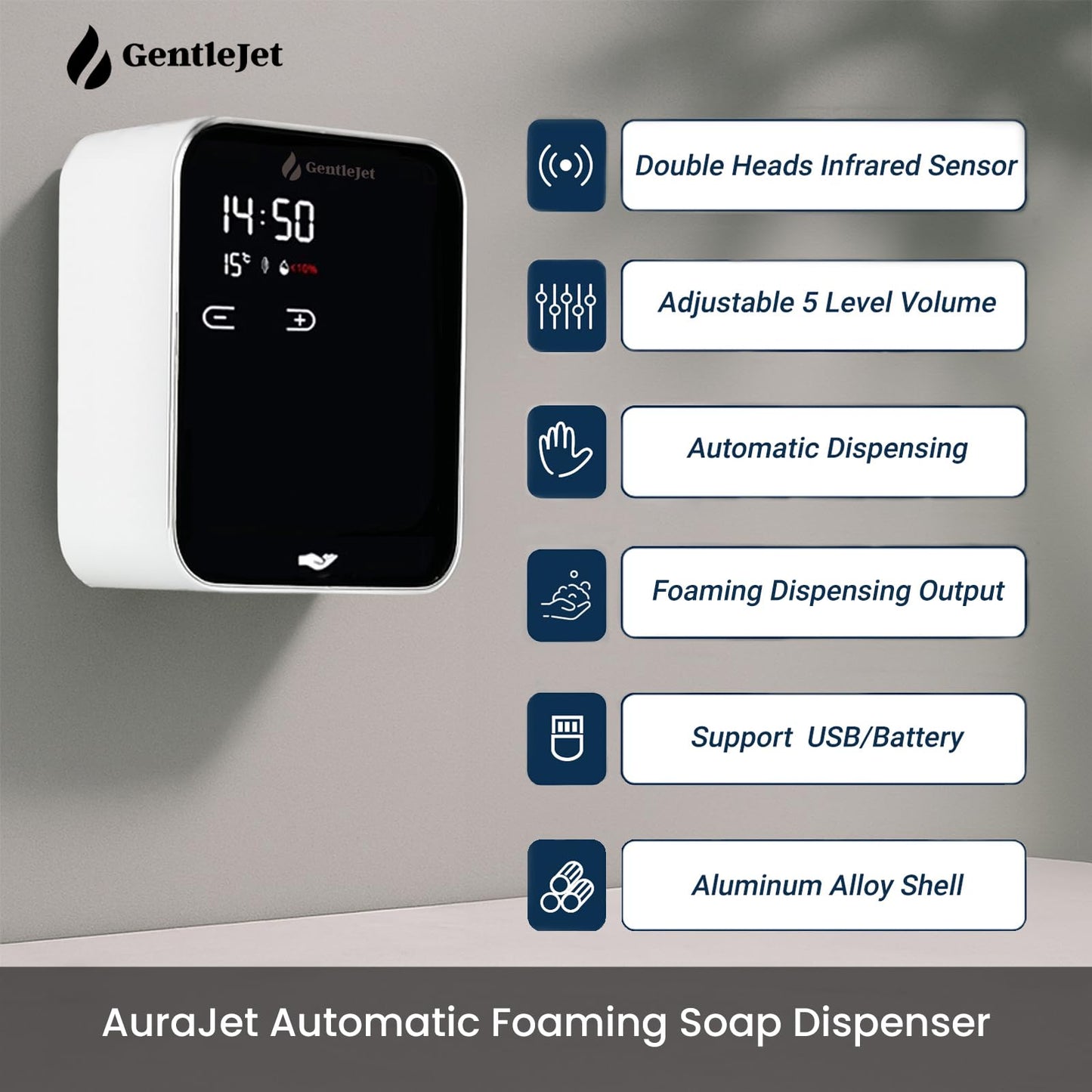 GentleJet AuraJet Automatic Foaming Soap Dispenser, LED Display, Aluminum Alloy Body, 5 Foam Levels Adjustable, USB-C or Battery Powered, 16.2 oz Automatic Soap Dispenser Touchless Wall Mount
