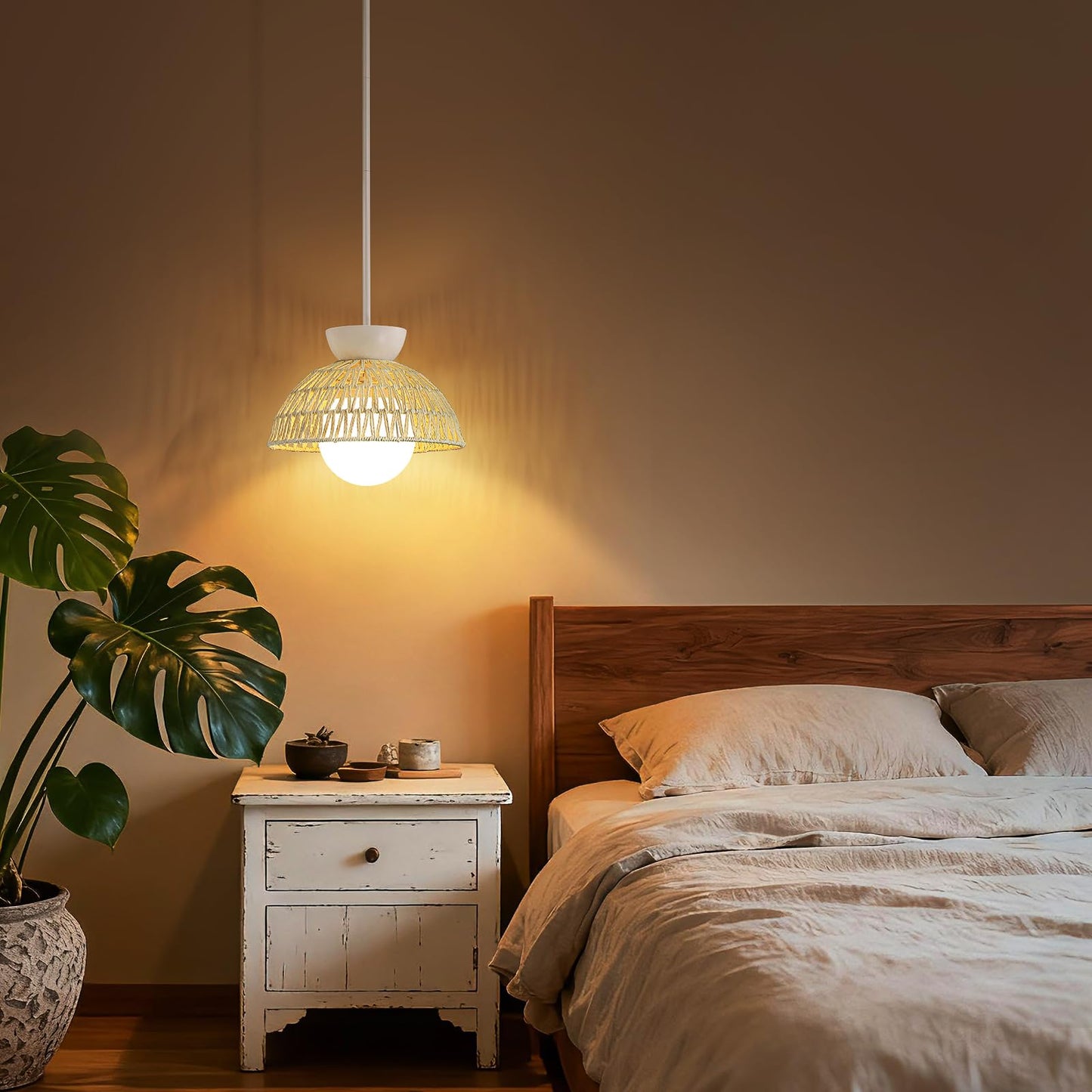 Pendant Light Kitchen Island - 11.8" Rattan Dining Room Light Fixtures over Table Hand-Woven Boho Pendant Light Fixtures with Milk Glass Globe, Adjustable Hanging Light for Bedroom Entryway Foyer