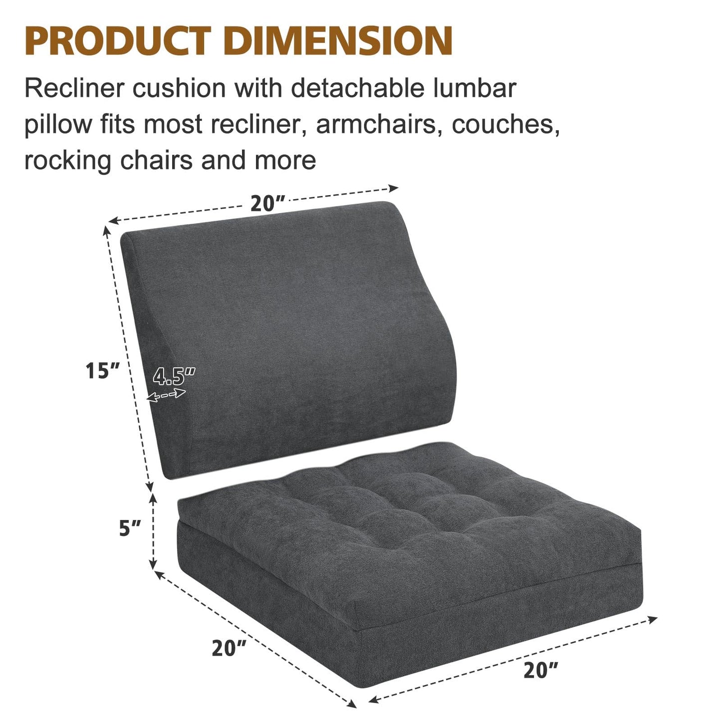 TANYOO Recliner Cushion for Elderly with Lumbar Support Pillow - 20x20x5 Inch Extra Thick Recliner Seat Cushion for Seniors Relief Back Pain and Tailbone Pain from Long Sitting Non-Slip Bottom