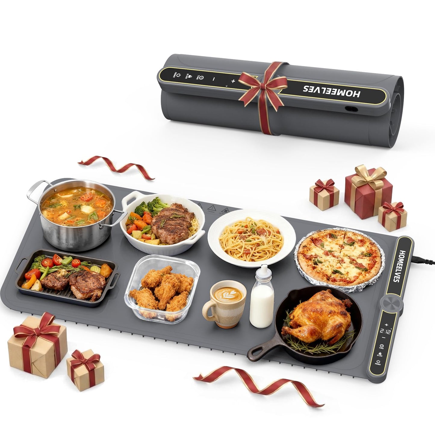 Food Warming Mat Extra Large, Rapid Heating Electric Warming Tray with 9 Temp Setting and 6 Hours Timer,Foldable Warming Trays for Food, Portable Food Warmers for Parties Buffet, Gray