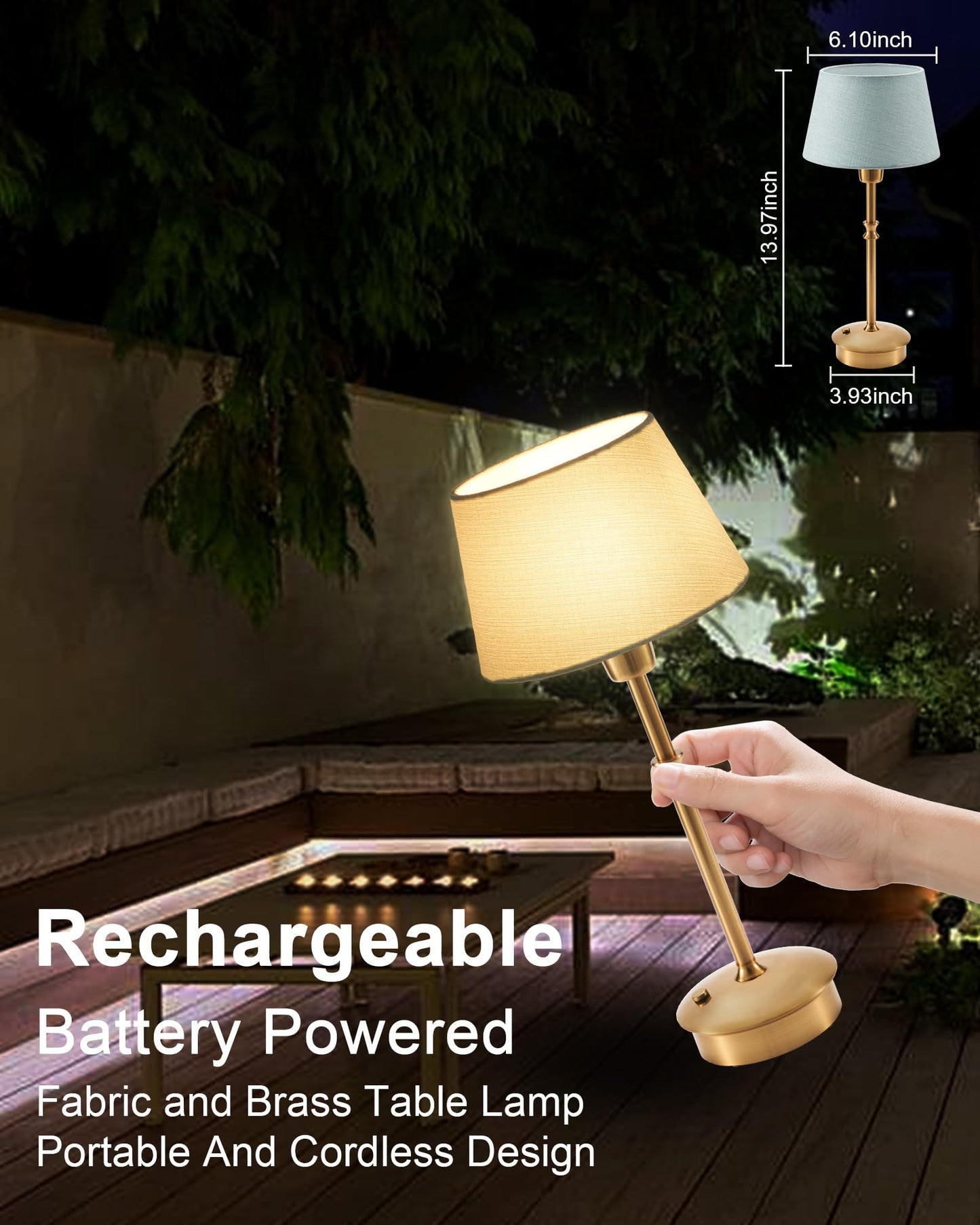 UMEXUS Small Cordless Lamp Rechargeable Table Lamps Set of 2, Dimmable Battery Operated Lights, Portable Accent Light for Side Table Restaurant Dining Outdoor, Blue Fabric Shade, Antique Brass
