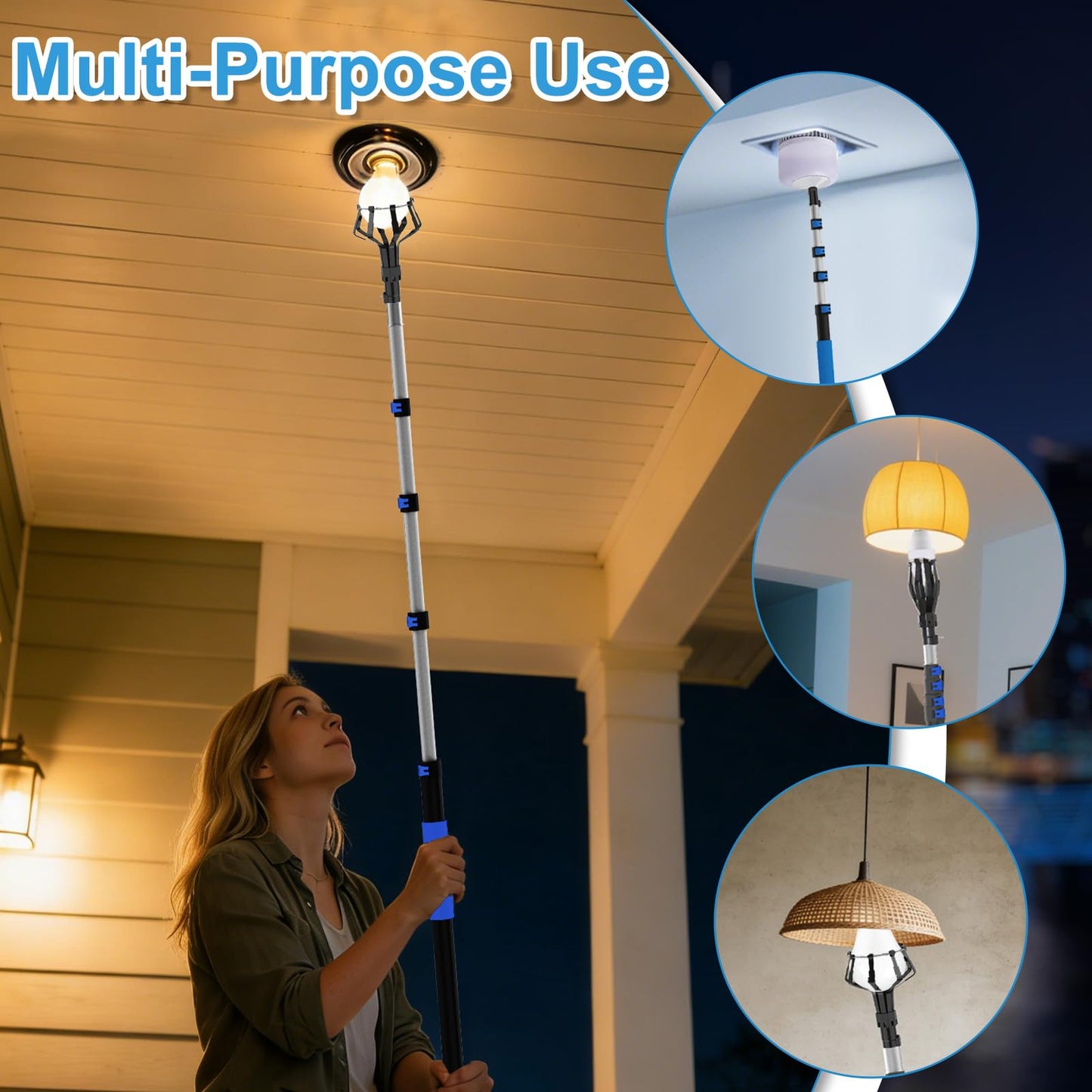 Karveden 28FT Reach Light Bulb Changer for High Ceilings with Pole, 5-20FT Light Bulb Extension Pole Changer with Baskets and Suction Cup for High Ceilings and Recessed Lights, Blue