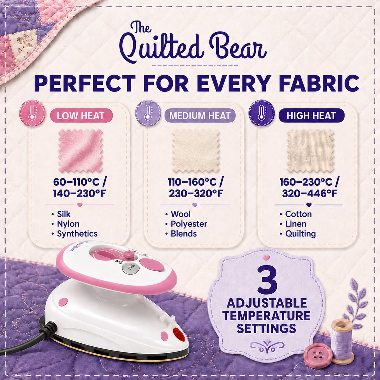 The Quilted Bear Premium Mini Steam Iron - Lightweight Mini Travel Iron for Effortless Quilting & Wrinkle-Free Clothes with Carry Case & Iron Rest Set - Travel Steamer for Clothes & Crafts (Pink)