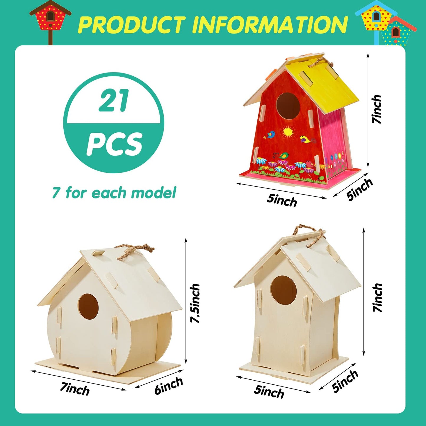 21 Sets DIY Birdhouse Kit for Kids to Build and Paint, Include Unfinished Wooden Bird House, Strips and Colorful Painting Pens for Girls Boys Fun Craft Activity Creative DIY Art Project
