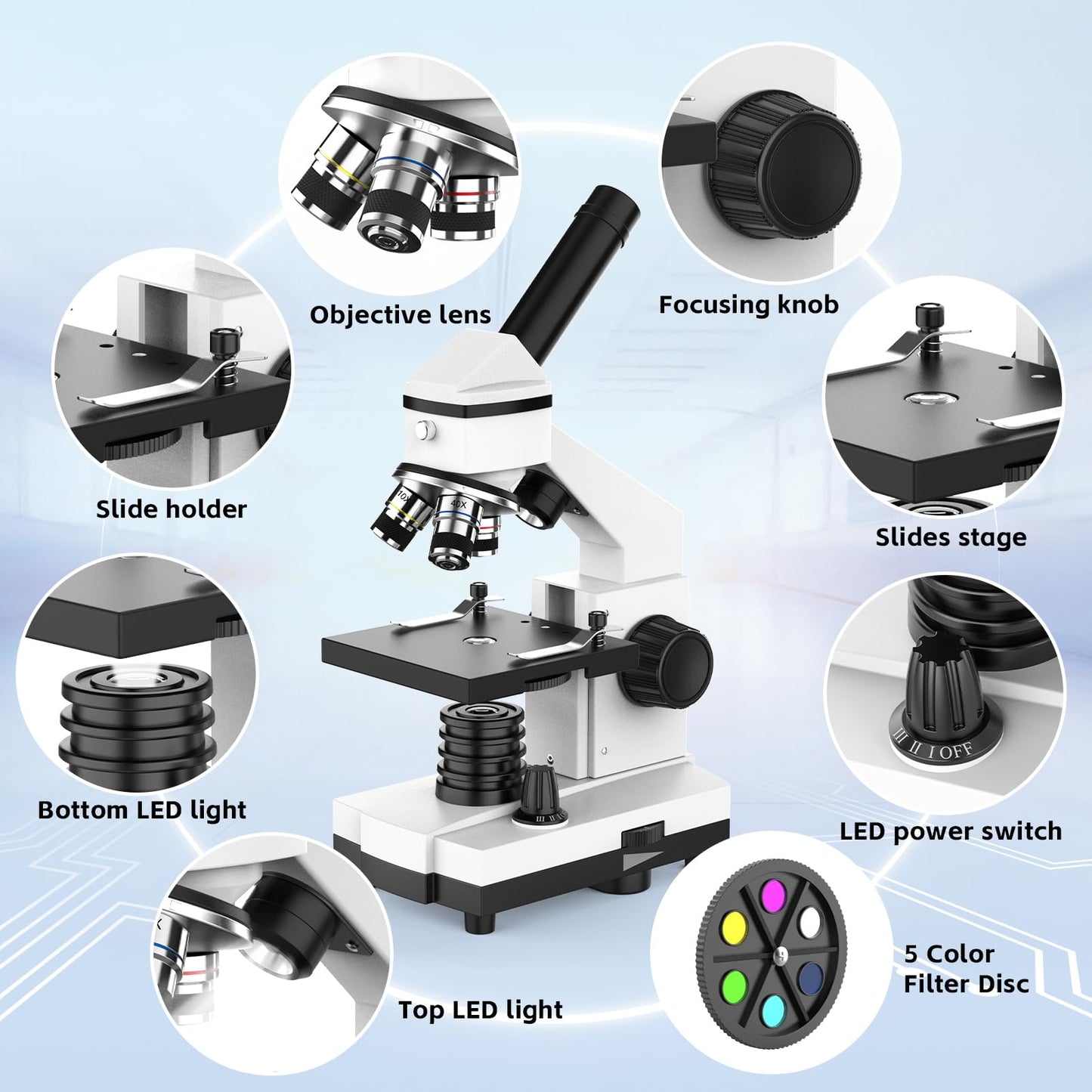 40X-2000X Monocular Microscope for Adults & Kids - Wozel Compound Microscopes for Kids with Dual LED Lights - Professional Biological Microscope with Phone Adapter Slide Set for School Home Education