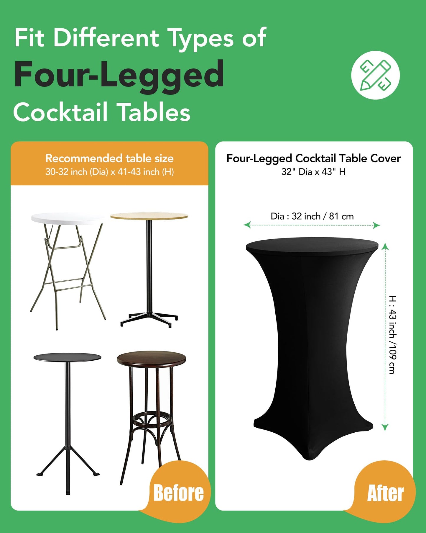 KeyWave Cocktail High Top Table Covers - 32x43 Inch Fitted Spandex Round Cocktail Tablecloth for Bar Height Standing Table Cloths Reusable, for Party Wedding Banquet Event Decorations, Black, 8 Pack