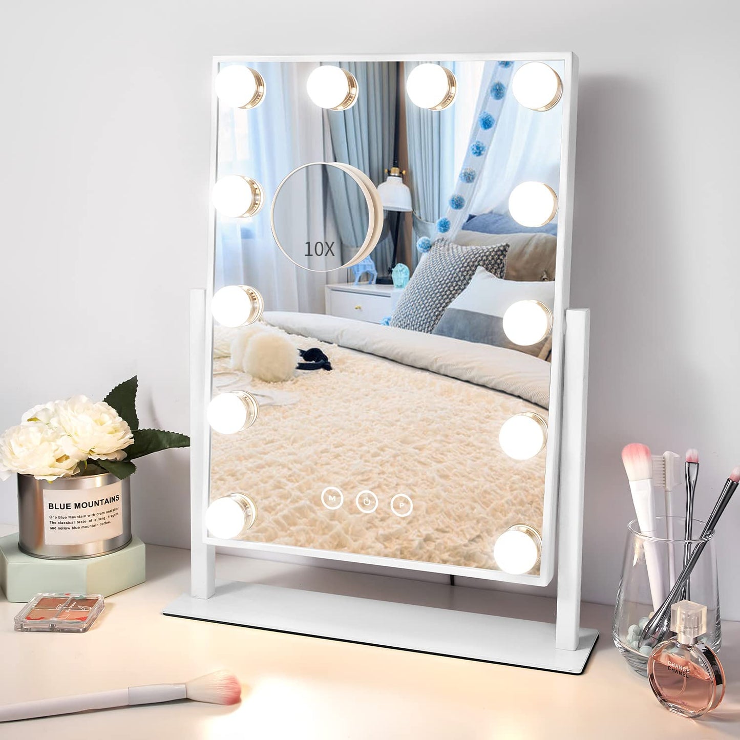 NUSVAN Vanity Makeup Mirror with Lights,3 Color Lighting Modes Detachable 10X Magnification Mirror Touch Control,360°Rotation, White (14.6Inch)