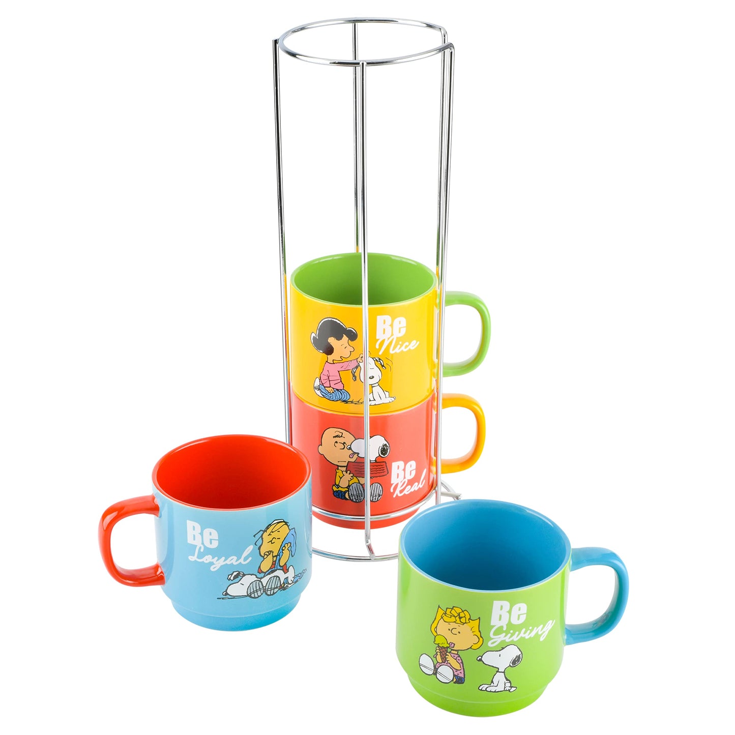 Peanuts Snoopy Gentle Reminders 15oz Stackable Mugs w/Metal Rack, Stoneware, 4-Pack, Assorted Colors