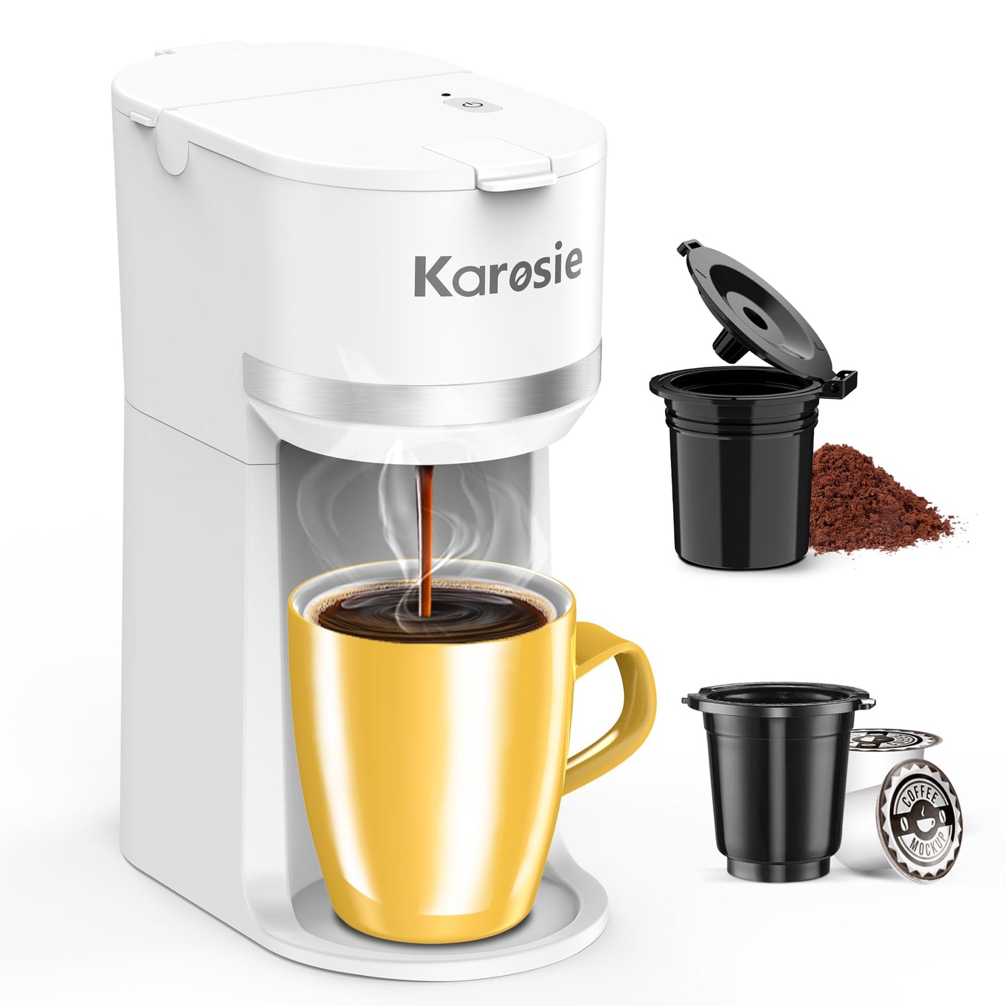 Karosie Single Serve Coffee Maker for K-Cup and Grounds, Fast Brew, 6-12 oz Brew Sizes Single Cup Coffee Maker Fits 5.5" Mugs, One-Button Small Coffee Maker, Descaling Reminder,White,9.45 Inches