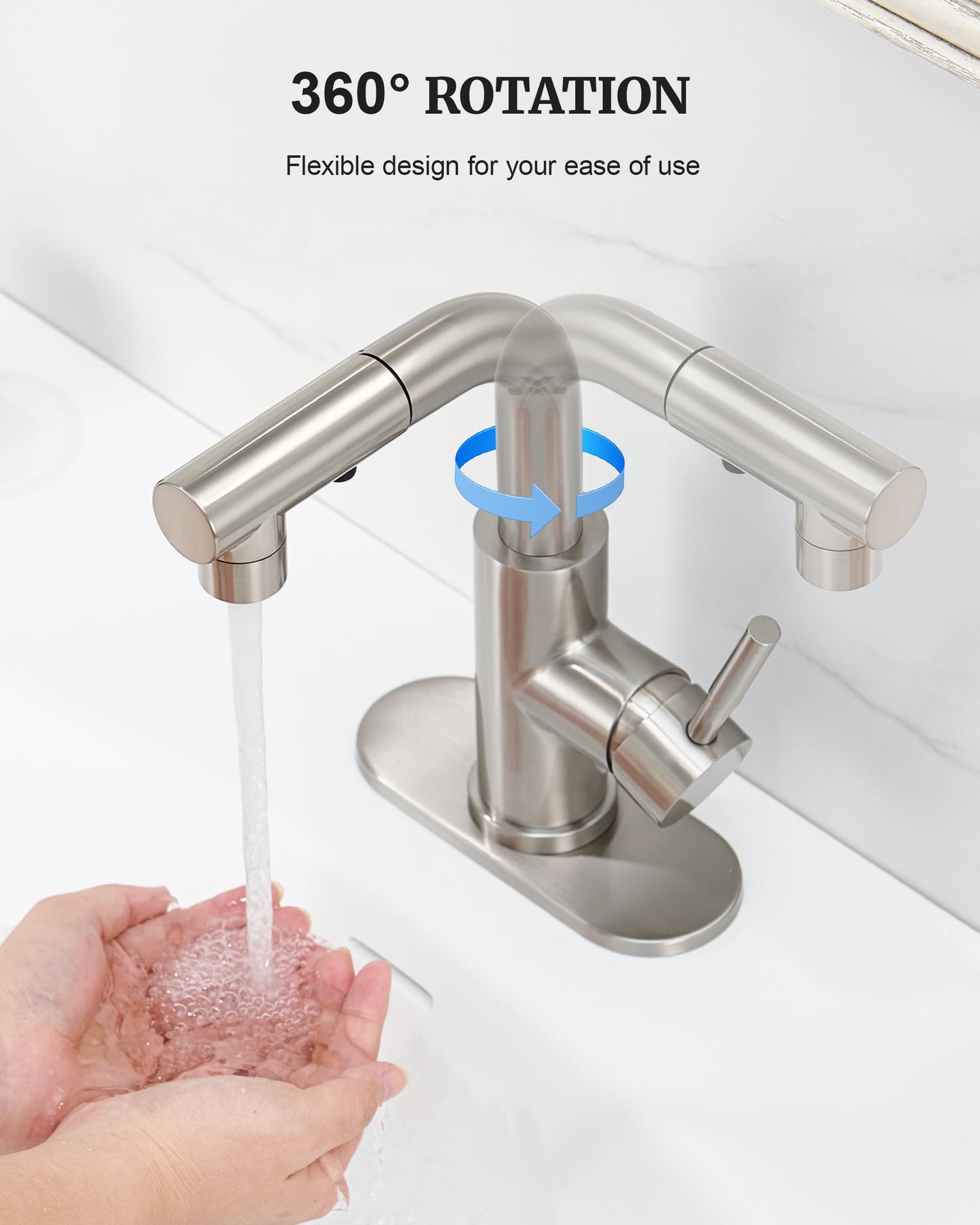 Ultimate Unicorn Bathroom Faucet with Pull Out Sprayer, Brushed Nickel Single Handle Bathroom Faucet for 1 or 3 Hole Bathroom Sink, Pull Down Bathroom Sink Faucet with Rotatable Spout Pop Up Drain