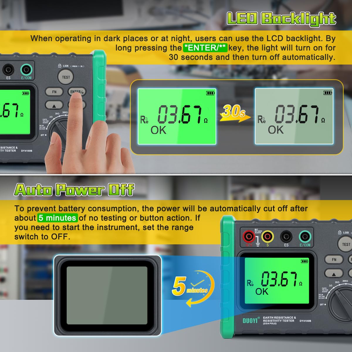 DUOYI Earth Resistance Tester 0.03-2000 ohm Meter,Upgraded Digital Earth Ground Resistance Tester 2/3 Wire Measurement AC/DC Voltage Meter with Batteries,Tool Bag