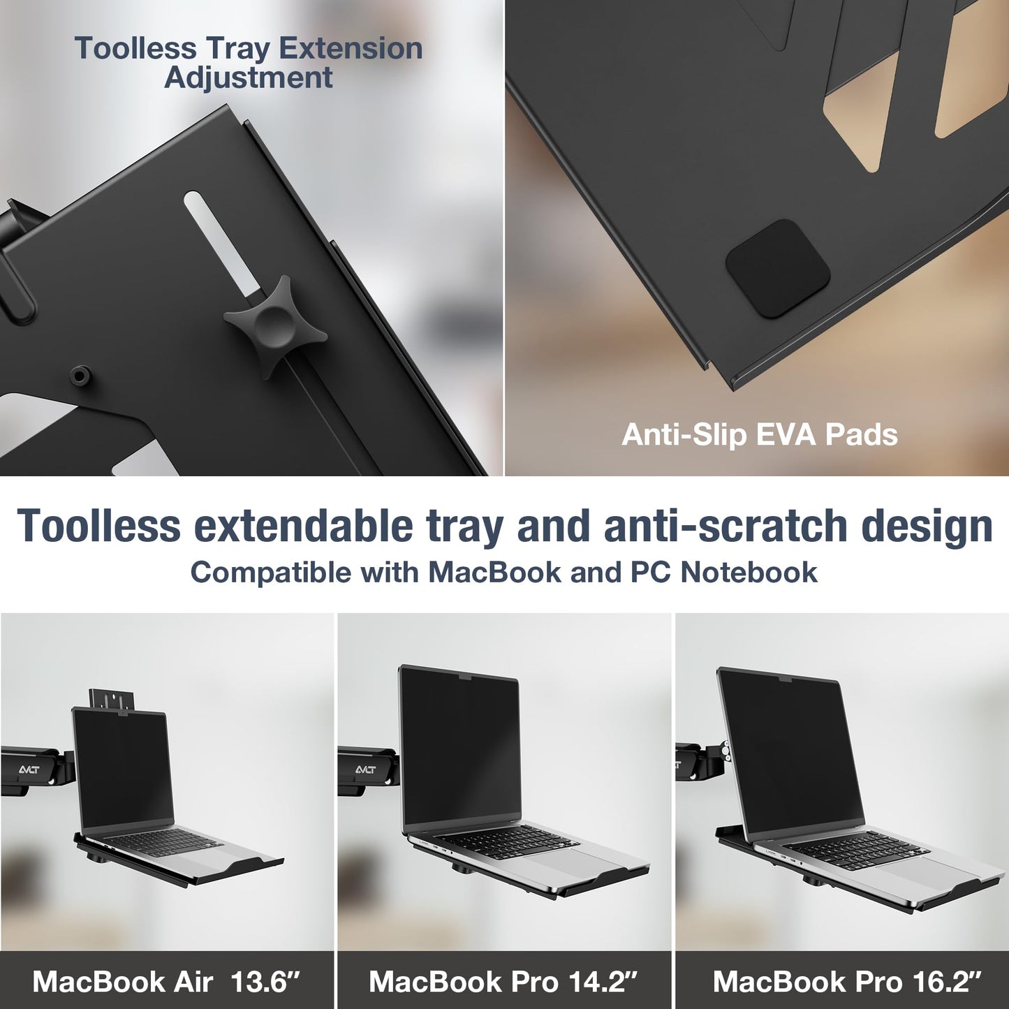 AVLT Adjustable Laptop Tray with Support for 120mm Fans Compatible with VESA 75x75 Monitor Arm - Suitable for Laptops Up to 17Inch - Weighs 4.41lbs, Black (Fan Not Included)